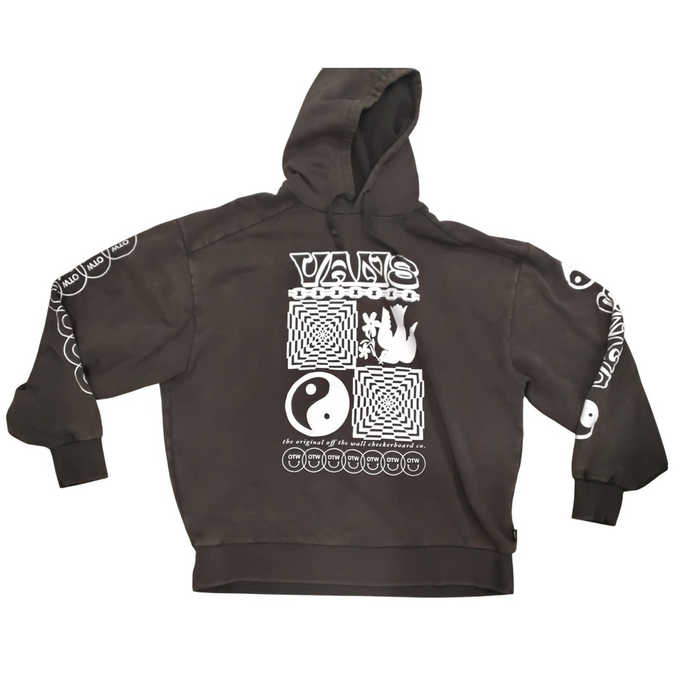 Vans Graphic Hoodie Sweatshirt Black Yin Yang Checkerboard Print Long Sleeve -S